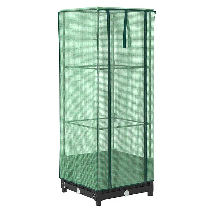 Furnicato Hochbeet Inklusive Gewächshaus-Aufsatz - 40 x 40 x 110 cm, Kunststoff, Schwarz - Hohes grünes Gewächshaus mit transparenter Netzabdeckung und dunklem Sockel, mit inneren Regalböden für Pflanzen.