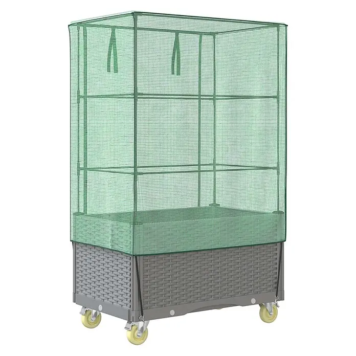 Furnicato Hochbeet Inklusive Gewächshaus-Aufsatz - 80 x 50 x 182 cm, Kunststoff, Hellgrau - Mobiles graues Hochbeet mit Rattan-Optik und grünem Netz-Mini-Gewächshausaufsatz.