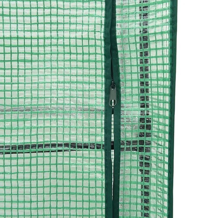 Furnicato Hochbeet Inklusive Gewächshaus-Aufsatz - 40 x 40 x 110 cm, Kunststoff, Schwarz - Nahaufnahme einer grünen, gitterverstärkten durchsichtigen Gewächshausabdeckung mit schwarzem Reißverschluss.