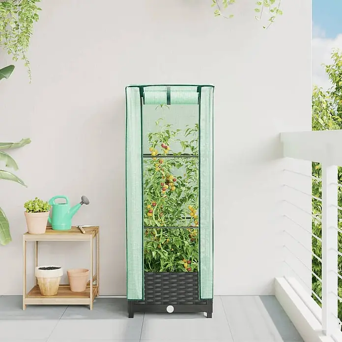 Furnicato Hochbeet Inklusive Gewächshaus-Aufsatz - 40 x 40 x 110 cm, Kunststoff, Schwarz - Vertikales Gewächshaus mit hellgrüner transparenter Abdeckung und dunkelgrauem Sockel, auf einem Balkon mit Tomatenpflanzen.