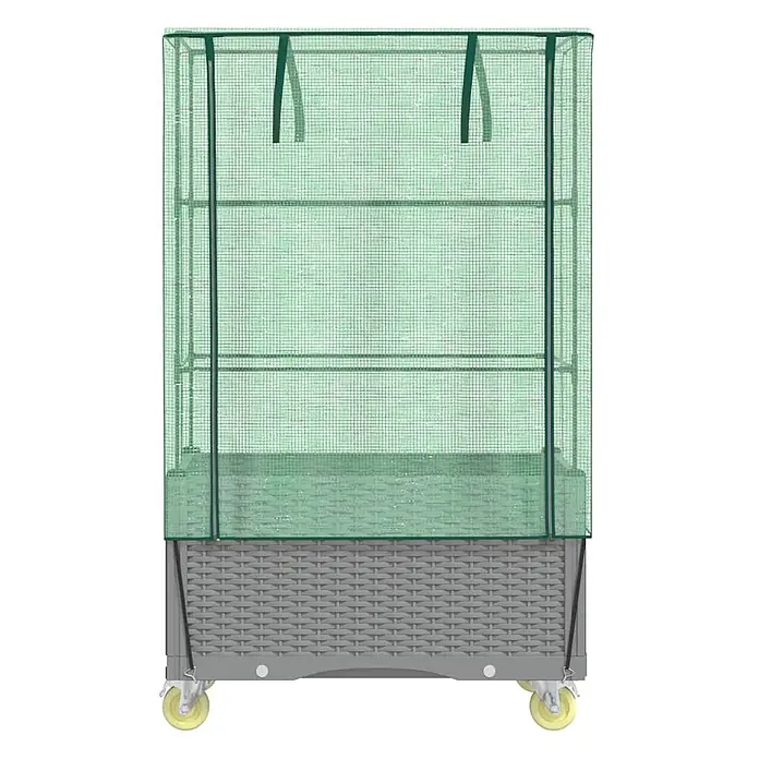 Furnicato Hochbeet Inklusive Gewächshaus-Aufsatz - 80 x 50 x 182 cm, Kunststoff, Hellgrau - Graues Hochbeet mit Rattanmuster auf Rollen und grünem Netz-Gewächshausaufsatz mit Regalen.