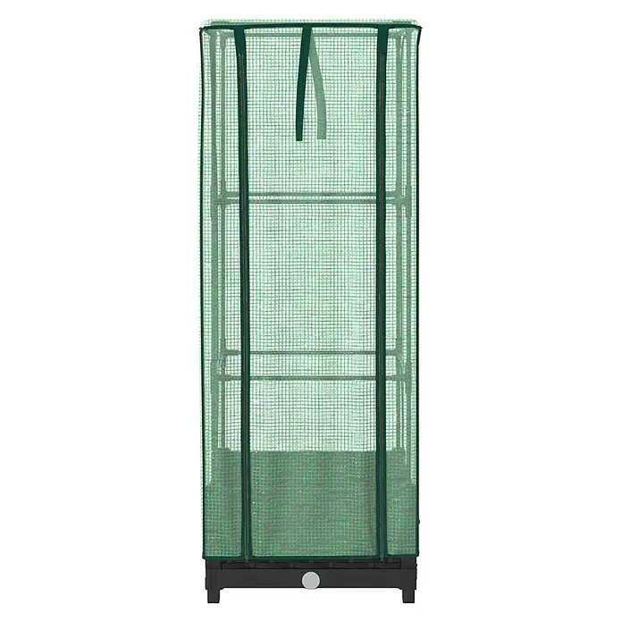 Furnicato Hochbeet Inklusive Gewächshaus-Aufsatz - 40 x 40 x 110 cm, Kunststoff, Schwarz - Grünes transparentes Minigewächshaus mit Regalen, dunkler Umrandung und schwarzem Sockel.