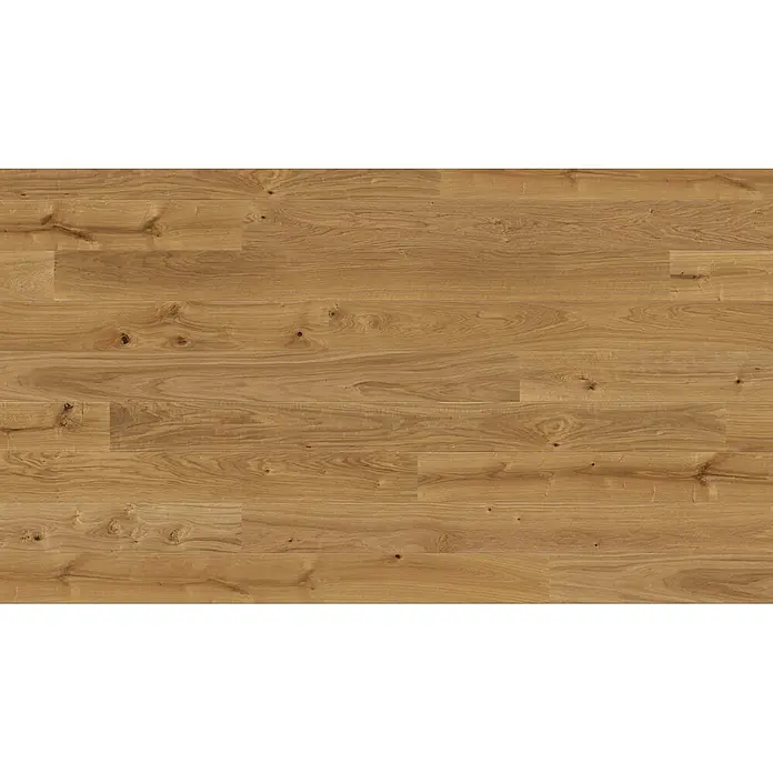 Living by Haro Parkett - Eiche strukturiert Naturöl, Landhausdiele, 2.200 x 180 x 12 mm - Natürlicher hellbrauner Eichenholzfußboden mit sichtbarer Maserung und Ästen.