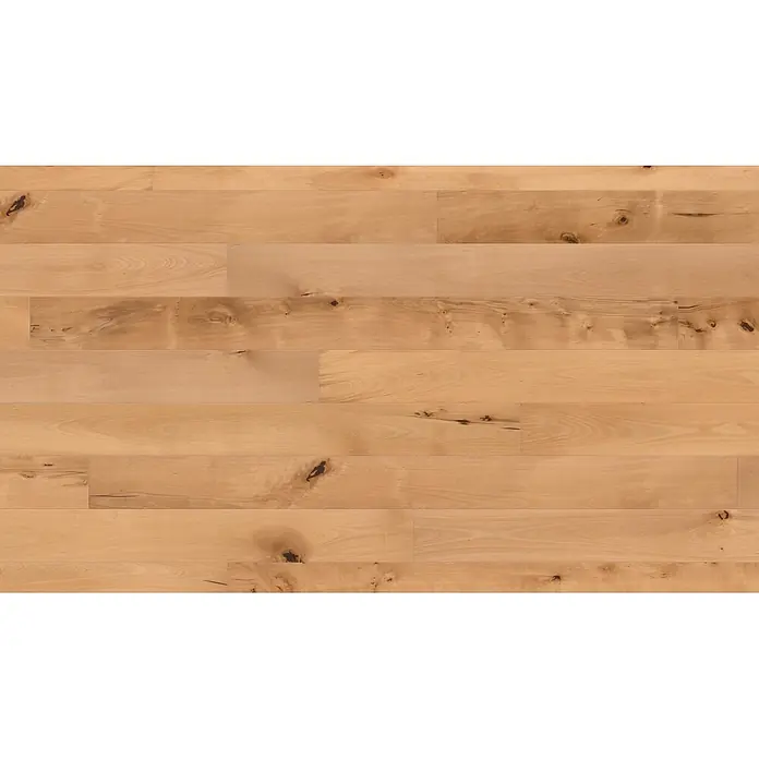 Living by Haro Parkett - Buche gedämpft, Landhausdiele, 2.200 x 180 x 13,5 mm - Helle Holzfußbodenbretter mit natürlicher Maserung und sichtbaren Ästen, in einem versetzten Muster verlegt.