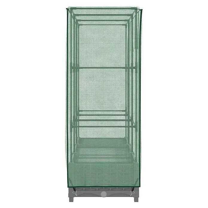 Furnicato Hochbeet Inklusive Gewächshaus-Aufsatz - 120 x 40 x 110 cm, Kunststoff, Hellgrau - Hohes, schmales Gewächshaus mit grünem Gitterbezug und mehreren Regalböden auf grauem Sockel.