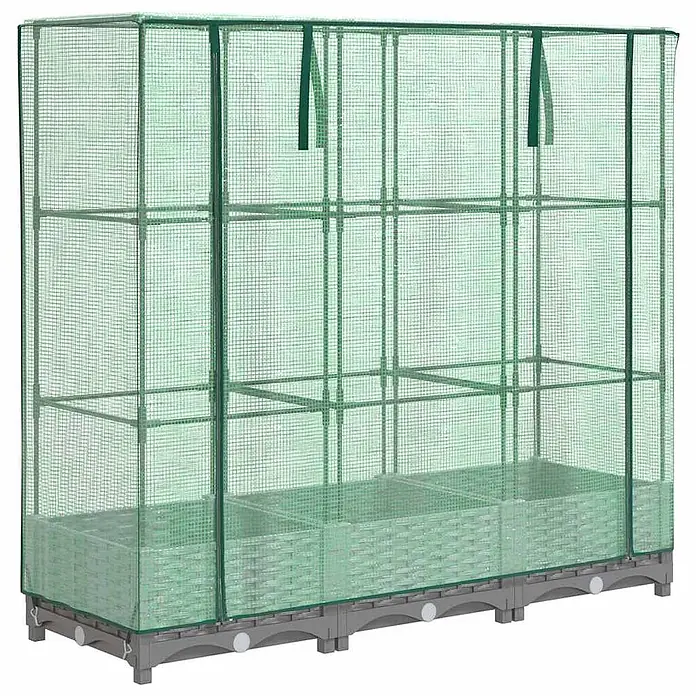 Furnicato Hochbeet Inklusive Gewächshaus-Aufsatz - 120 x 40 x 110 cm, Kunststoff, Hellgrau - Grünes Gitter-Gewächshaus mit Regalen und integrierten Pflanzkästen auf grauem Modul-Unterbau.