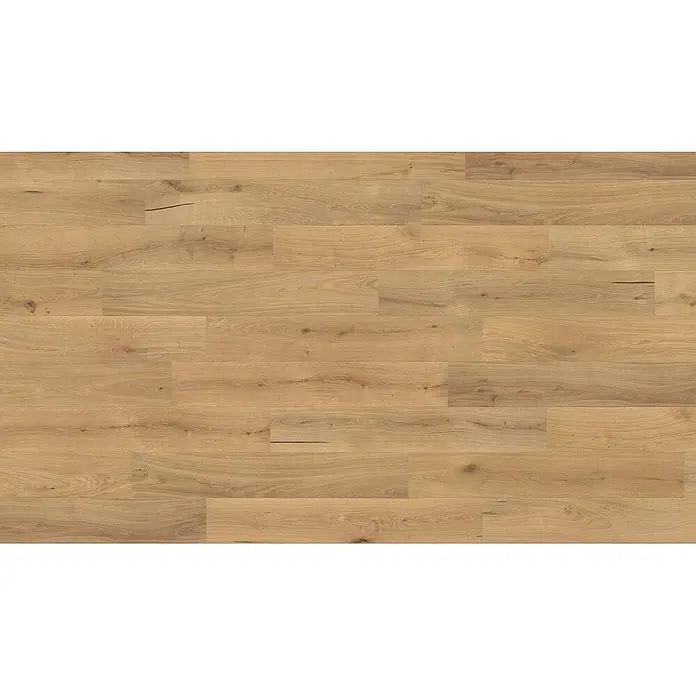 Living by Haro Parkett - Eiche pure strukturiert Naturöl, Landhausdiele, 1.085 x 180 x 12 mm - Heller Holzfußboden mit natürlicher Maserung und Ästen, horizontal verlegt.