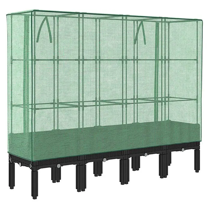 Furnicato Hochbeet Inklusive Gewächshaus-Aufsatz - 160 x 40 x 110 cm, Kunststoff, Schwarz - Grünes Hochbeet mit Netz-Gewächshausabdeckung und schwarzen Beinen.