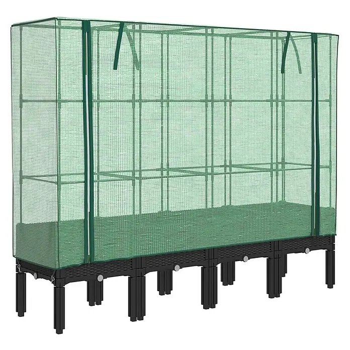 Furnicato Hochbeet Inklusive Gewächshaus-Aufsatz - 160 x 40 x 110 cm, Kunststoff, Schwarz - Langes, rechteckiges Hochbeet mit dunklem Gestell und grünem Gewächshaus-Netzbezug.