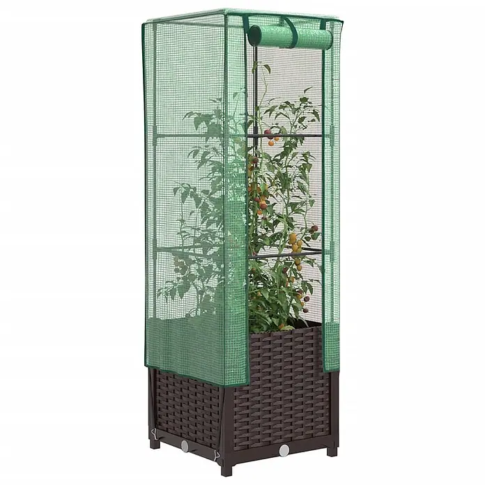 Furnicato Hochbeet Inklusive Gewächshaus-Aufsatz - 40 x 40 x 139 cm, Kunststoff, Braun - Hohes Gewächshaus mit dunkelbraunem Rattan-Pflanzkasten und grüner Netzabdeckung, mit Tomatenpflanze.