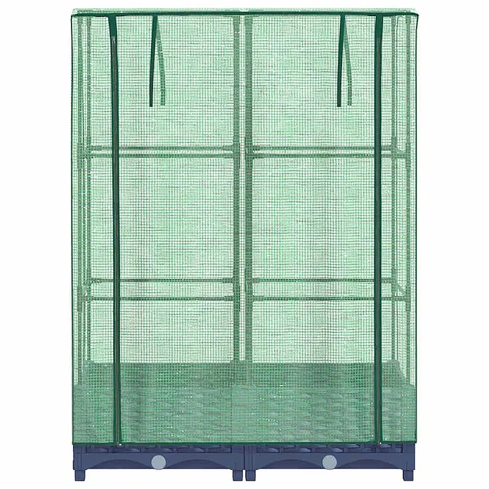 Furnicato Hochbeet Inklusive Gewächshaus-Aufsatz - 80 x 40 x 110 cm, Kunststoff, Blaugrau - Grünes tragbares Mini-Gewächshaus mit transparenter grüner Netzabdeckung, Innenregalen und dunkelblauem Sockel.