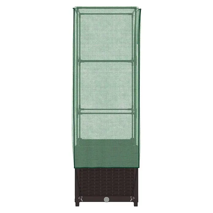 Furnicato Hochbeet Inklusive Gewächshaus-Aufsatz - 40 x 40 x 139 cm, Kunststoff, Braun - Hohes Mini-Gewächshaus mit grüner Netzabdeckung, Einlegeböden und braunem Hochbeet im Rattan-Stil.