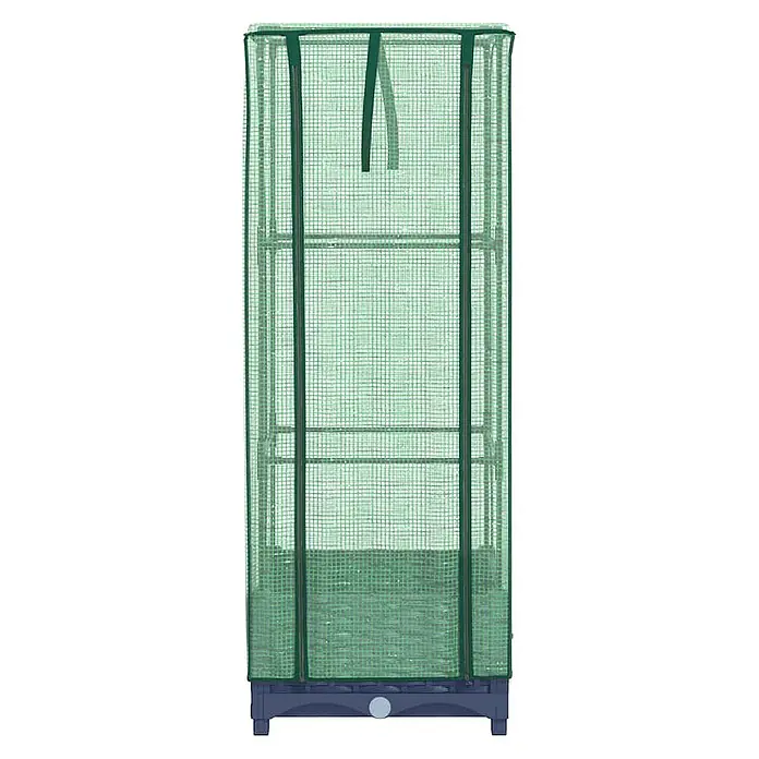 Furnicato Hochbeet Inklusive Gewächshaus-Aufsatz - 40 x 40 x 110 cm, Kunststoff, Blaugrau - Grünes, halbtransparentes Mini-Gewächshaus mit Netz-Verstärkung, Reißverschlussöffnung und dunklem Untersatz. Innen sind Regale sichtbar.