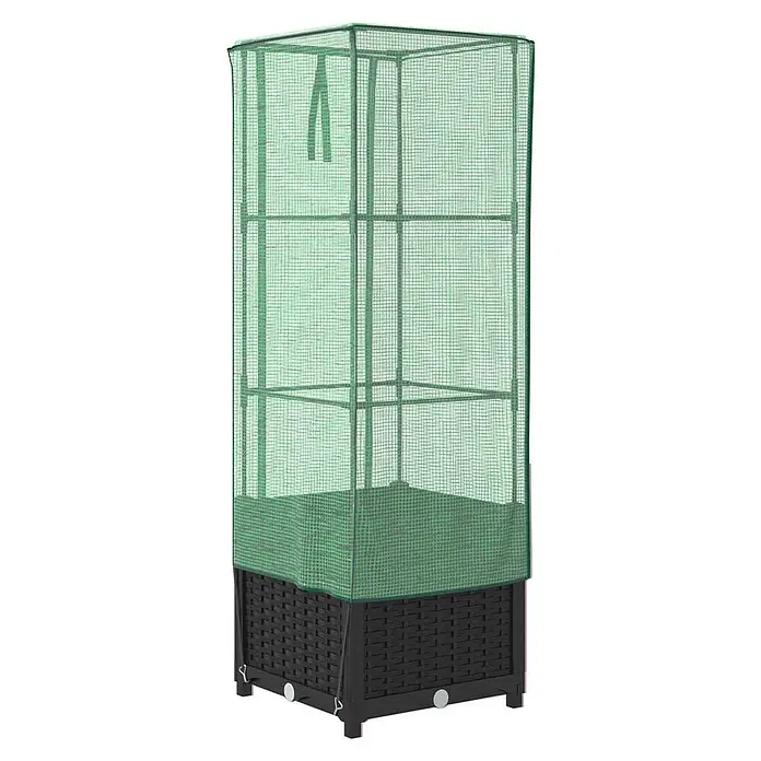 Furnicato Hochbeet Inklusive Gewächshaus-Aufsatz - 40 x 40 x 139 cm, Kunststoff, Schwarz - Schwarzes Hochbeet in Rattan-Optik mit grüner Netz-Gewächshausabdeckung.