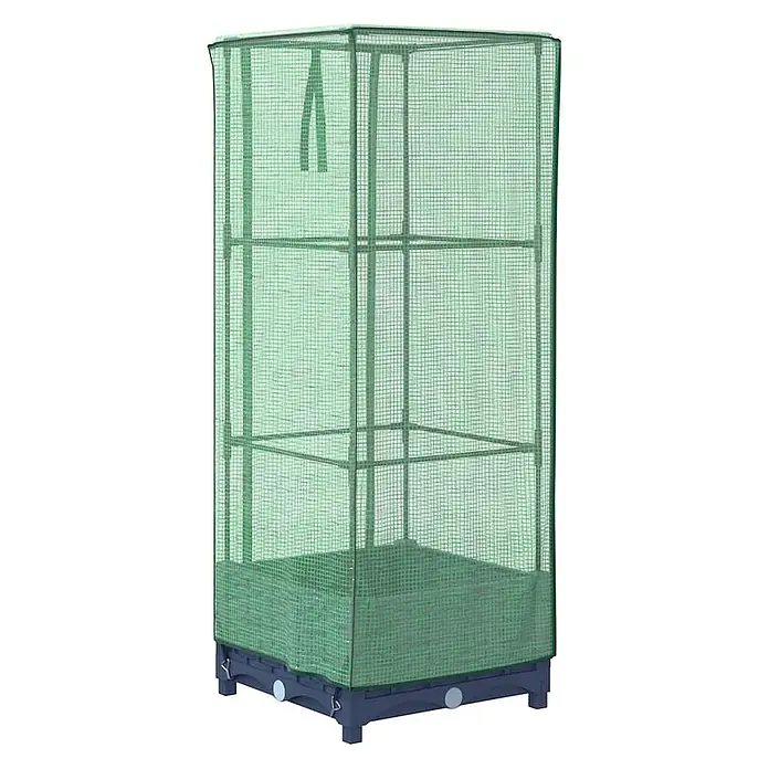 Furnicato Hochbeet Inklusive Gewächshaus-Aufsatz - 40 x 40 x 110 cm, Kunststoff, Blaugrau - Grünes Netz-Minigewächshaus mit dunklem Sockel und internen Regalen für den Pflanzenanbau.