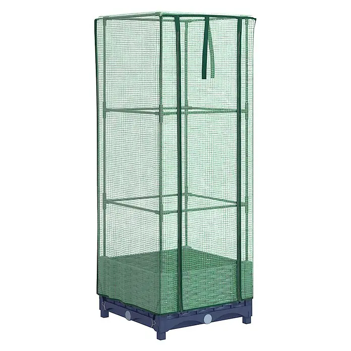 Furnicato Hochbeet Inklusive Gewächshaus-Aufsatz - 40 x 40 x 110 cm, Kunststoff, Blaugrau - Hohes Gewächshaus aus grünem Netzgewebe mit Einlegeböden und blauem Sockel.