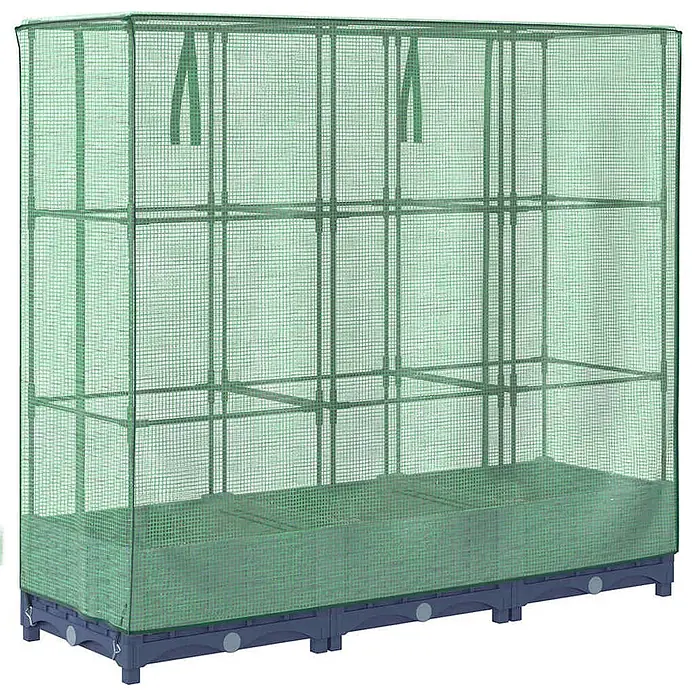 Furnicato Hochbeet Inklusive Gewächshaus-Aufsatz - 120 x 40 x 123 cm, Kunststoff, Blaugrau - Grünes Anzuchthaus aus Netzgewebe mit stabilem Rahmen und grauem Sockel, zum Pflanzenanbau.