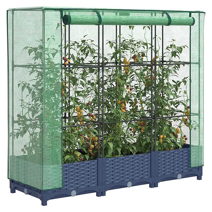Furnicato Hochbeet Inklusive Gewächshaus-Aufsatz - 120 x 40 x 123 cm, Kunststoff, Blaugrau - Grünes begehbares Gewächshaus mit dunkelblauen Hochbeeten im Rattan-Stil, gefüllt mit Tomatenpflanzen.