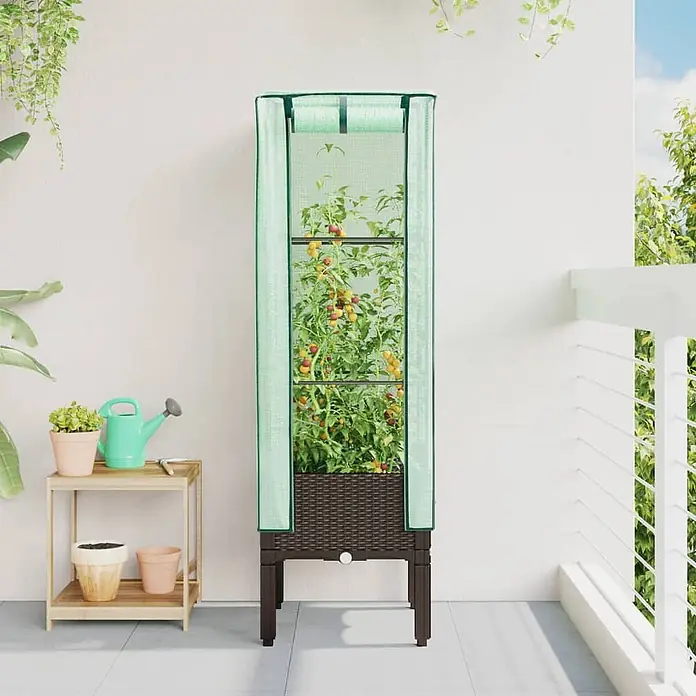 Furnicato Hochbeet Inklusive Gewächshaus-Aufsatz - 40 x 40 x 140 cm, Kunststoff, Braun - Dunkelbraunes Hochbeet in Rattan-Optik mit grünem, transparentem Gewächshaus-Aufsatz und Tomaten auf einem Balkon.