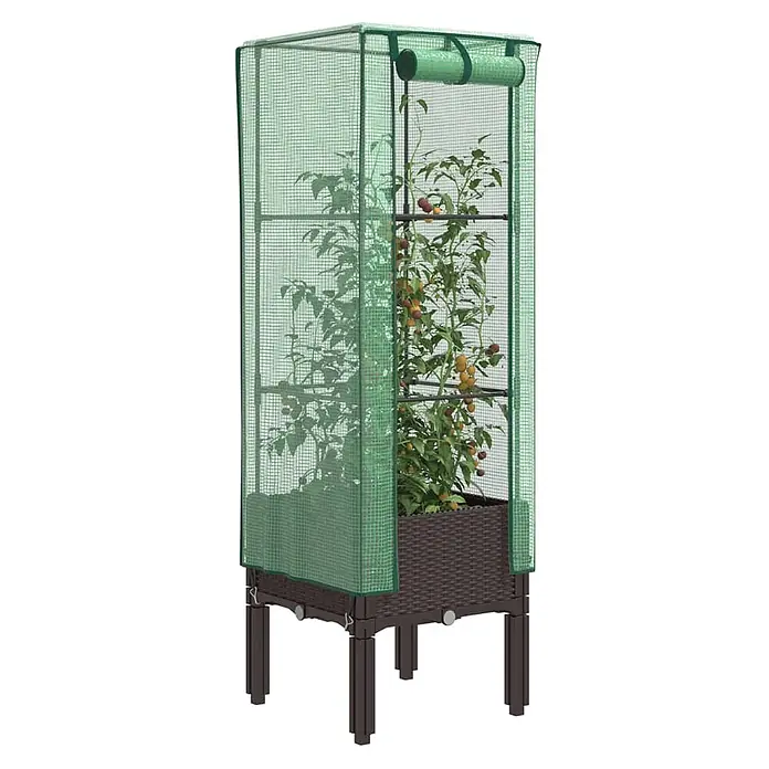Furnicato Hochbeet Inklusive Gewächshaus-Aufsatz - 40 x 40 x 140 cm, Kunststoff, Braun - Braunes Hochbeet mit grünem Netz-Gewächshausaufsatz und Tomatenpflanzen darin.