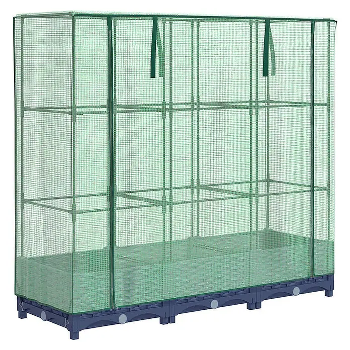 Furnicato Hochbeet Inklusive Gewächshaus-Aufsatz - 120 x 40 x 123 cm, Kunststoff, Blaugrau - Großes, grünes Netz-Gewächshaus mit Metallrahmen, mehreren Regalböden und dunkelgrauem modularem Sockel.