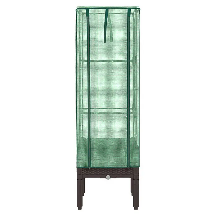 Furnicato Hochbeet Inklusive Gewächshaus-Aufsatz - 40 x 40 x 140 cm, Kunststoff, Braun - Hohes grünes Netz-Gewächshaus mit einer dunkelbraunen erhöhten Pflanzgefäßbasis und Regalböden.