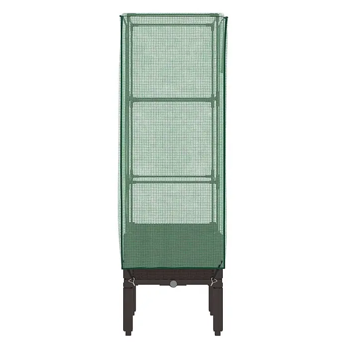 Furnicato Hochbeet Inklusive Gewächshaus-Aufsatz - 40 x 40 x 140 cm, Kunststoff, Braun - Hohes Hochbeet mit grünem, durchscheinendem Gitter-Gewächshausüberzug und internen Ablagen, auf dunkelbraunen Beinen.