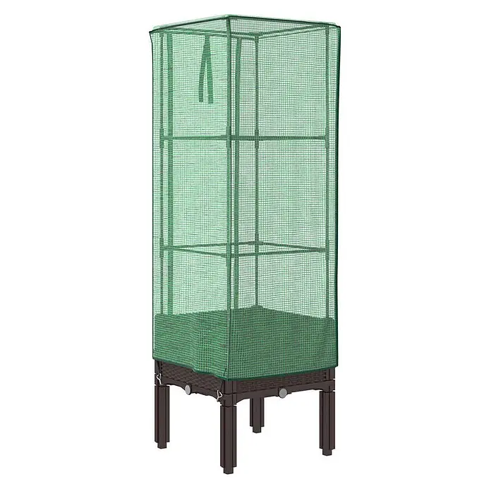 Furnicato Hochbeet Inklusive Gewächshaus-Aufsatz - 40 x 40 x 140 cm, Kunststoff, Braun - Grüne Netz-Gewächshausabdeckung über einem dunkelbraunen Hochbeet auf Beinen, ideal für den Pflanzenanbau.