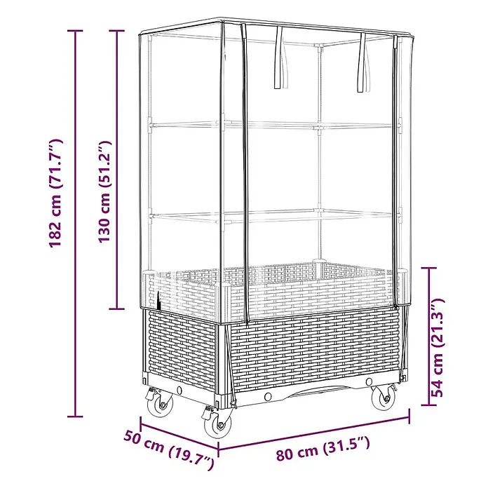 Furnicato Hochbeet Inklusive Gewächshaus-Aufsatz - 80 x 50 x 182 cm, Kunststoff, Weiß - Mobiles Gewächshaus auf Rollen mit transparenter Abdeckung, Rattan-Optik-Basis und Innenregalen.