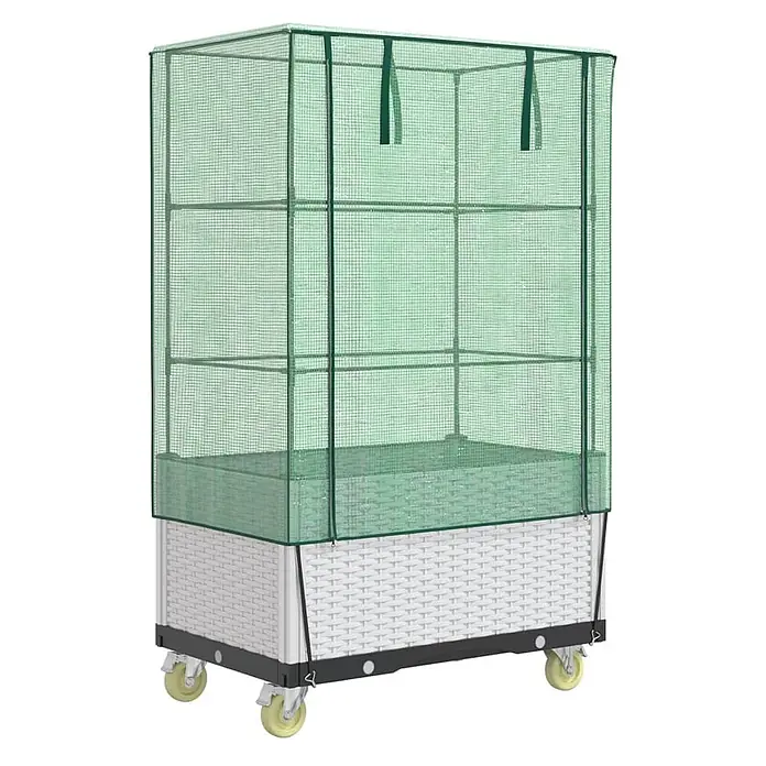 Furnicato Hochbeet Inklusive Gewächshaus-Aufsatz - 80 x 50 x 182 cm, Kunststoff, Weiß - Mobiles Hochbeet mit weißem Rattan-Muster-Unterteil und grünem Gitter-Minigewächshaus auf Rollen.