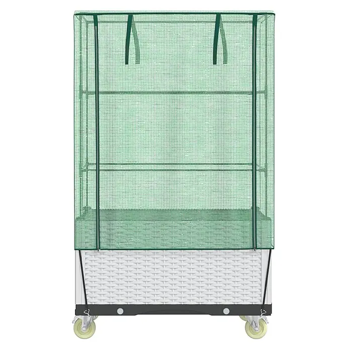Furnicato Hochbeet Inklusive Gewächshaus-Aufsatz - 80 x 50 x 182 cm, Kunststoff, Weiß - Rollbares Gewächshaus mit durchscheinender grüner Gitterabdeckung und weißer Korbbodenplatte mit Regalen.