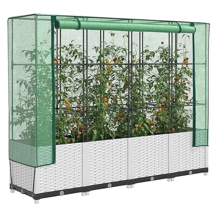 Furnicato Hochbeet Inklusive Gewächshaus-Aufsatz - 160 x 40 x 110 cm, Kunststoff, Weiß - Weißes Hochbeet in Rattan-Optik mit grünem Netz-Gewächshausabdeckung und Rankhilfen für Pflanzen.