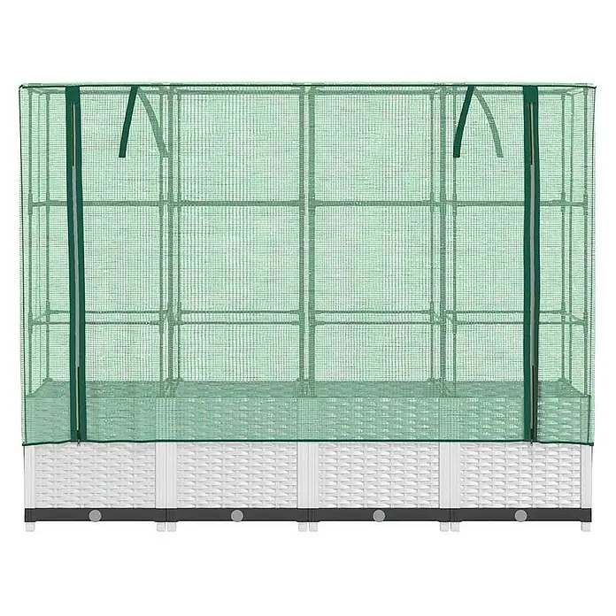 Furnicato Hochbeet Inklusive Gewächshaus-Aufsatz - 160 x 40 x 110 cm, Kunststoff, Weiß - Gewächshaus mit durchscheinender grüner Netzabdeckung über einem weißen, Rattan-gemusterten Hochbeet-Unterbau.