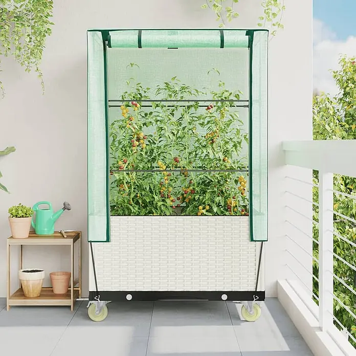 Furnicato Hochbeet Inklusive Gewächshaus-Aufsatz - 80 x 50 x 182 cm, Kunststoff, Weiß - Mobiler Gewächshaus-Pflanzkasten mit weißem Korbgeflecht und grüner Abdeckung, bepflanzt mit Tomaten, auf einem Balkon.
