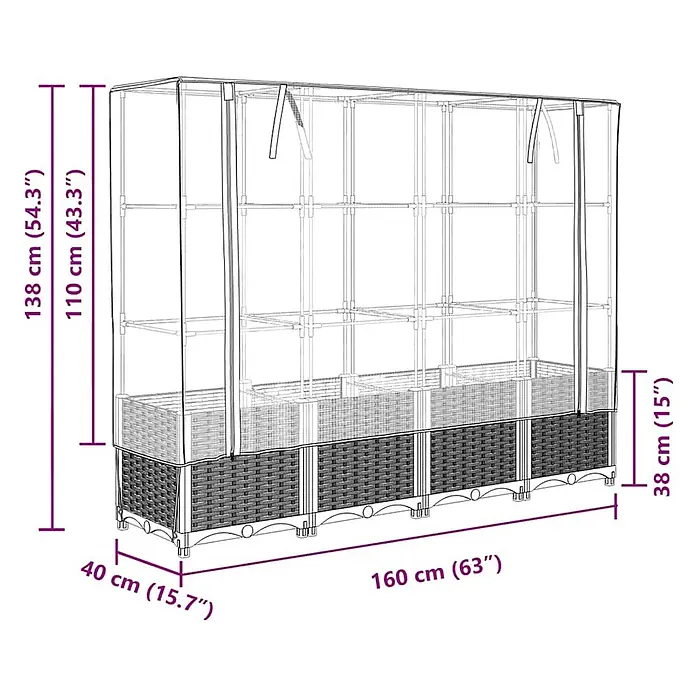 Furnicato Hochbeet Inklusive Gewächshaus-Aufsatz - 160 x 40 x 110 cm, Kunststoff, Braun - Dunkelgraues Hochbeet in Rattan-Optik mit transparenter Gewächshausabdeckung.