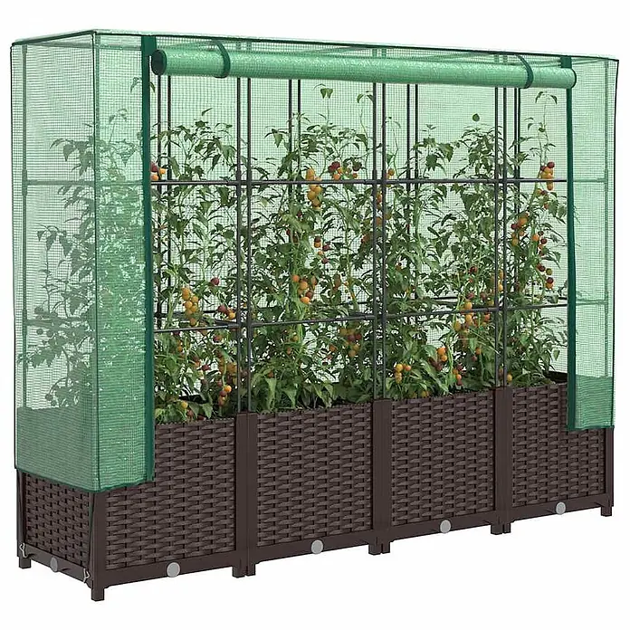Furnicato Hochbeet Inklusive Gewächshaus-Aufsatz - 160 x 40 x 110 cm, Kunststoff, Braun - Braunes Hochbeet in Rattanoptik mit grünem Netz-Gewächshausüberzug und Tomatenpflanzen.