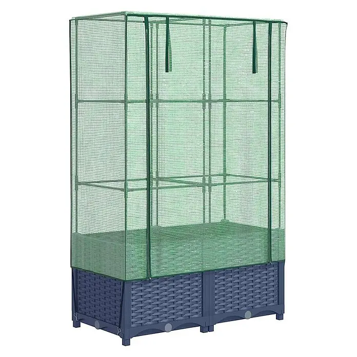 Furnicato Hochbeet Inklusive Gewächshaus-Aufsatz - 80 x 40 x 138 cm, Kunststoff, Blaugrau - Hochbeet mit blau-grauem Pflanzkasten im Rattan-Look und grünem Gittergewächshaus mit Metallrahmen.