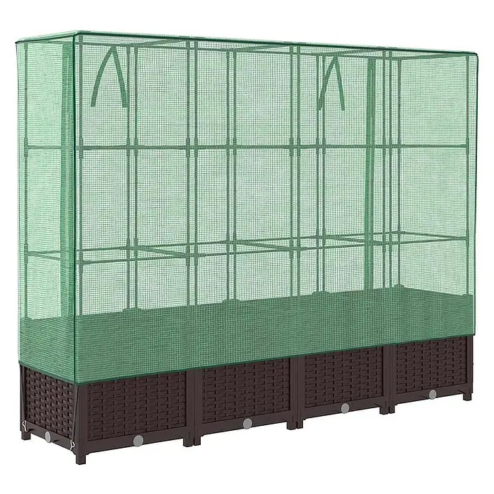 Furnicato Hochbeet Inklusive Gewächshaus-Aufsatz - 160 x 40 x 110 cm, Kunststoff, Braun - Braunes Hochbeet mit geflochtener Basis und grüner transparenter Gitter-Gewächshausabdeckung.
