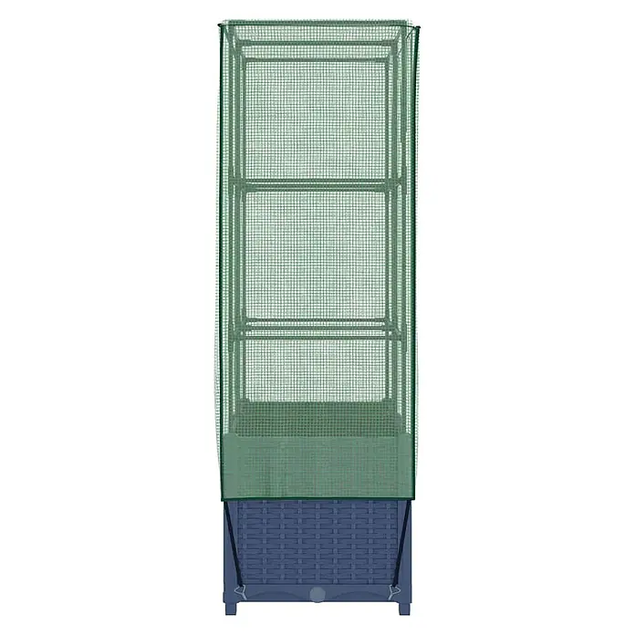 Furnicato Hochbeet Inklusive Gewächshaus-Aufsatz - 80 x 40 x 138 cm, Kunststoff, Blaugrau - Grünes Netz-Mini-Gewächshaus mit Einlegeböden auf einem blauen, geflochtenen Hochbeet-Unterteil.