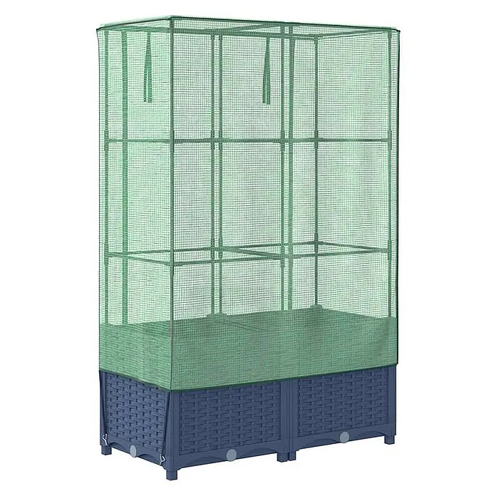 Furnicato Hochbeet Inklusive Gewächshaus-Aufsatz - 80 x 40 x 138 cm, Kunststoff, Blaugrau - Erhöhtes Hochbeet in blauem Rattan-Stil mit grünem Netz-Gewächshausaufsatz zum Pflanzenschutz.