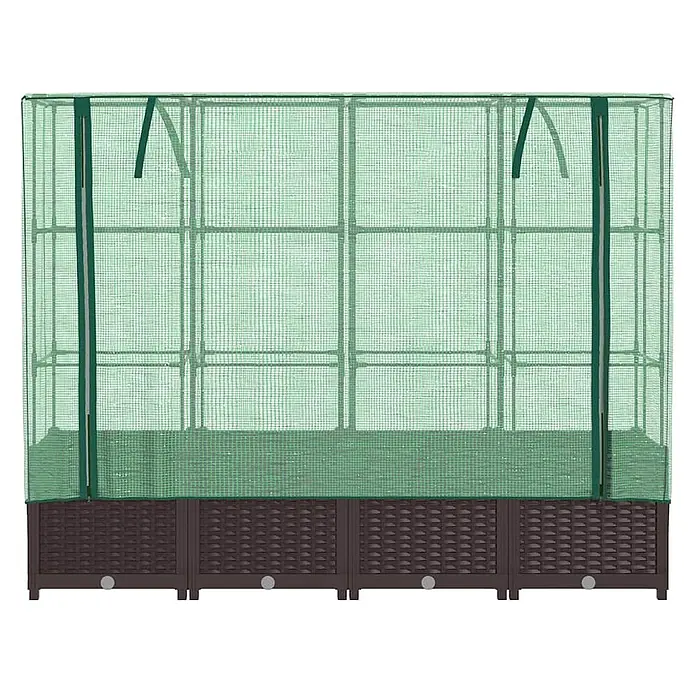 Furnicato Hochbeet Inklusive Gewächshaus-Aufsatz - 160 x 40 x 110 cm, Kunststoff, Braun - Braunes Hochbeet mit grünem Gewächshaus-Gewebeabdeckung.