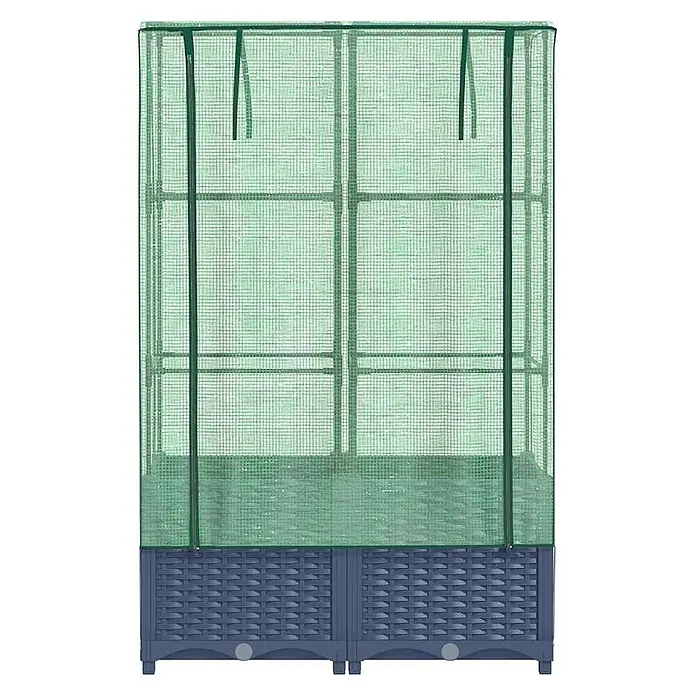 Furnicato Hochbeet Inklusive Gewächshaus-Aufsatz - 80 x 40 x 138 cm, Kunststoff, Blaugrau - Kompakt-Gewächshaus mit grünem Netzbezug und dunkelgrauem Rattan-Pflanzkasten.
