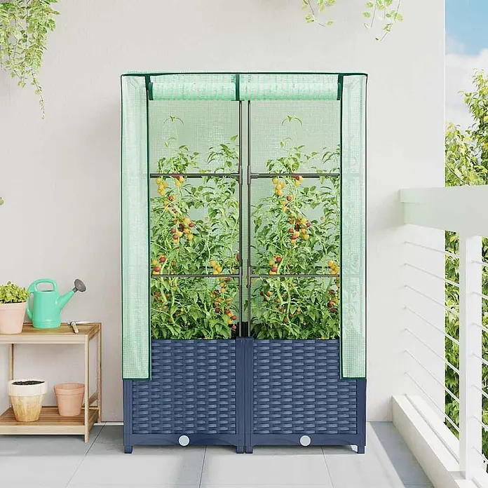 Furnicato Hochbeet Inklusive Gewächshaus-Aufsatz - 80 x 40 x 138 cm, Kunststoff, Blaugrau - Blau-graues Hochbeet-Gewächshaus mit grünem Netzbezug, gefüllt mit Tomatenpflanzen, auf einem Balkon.