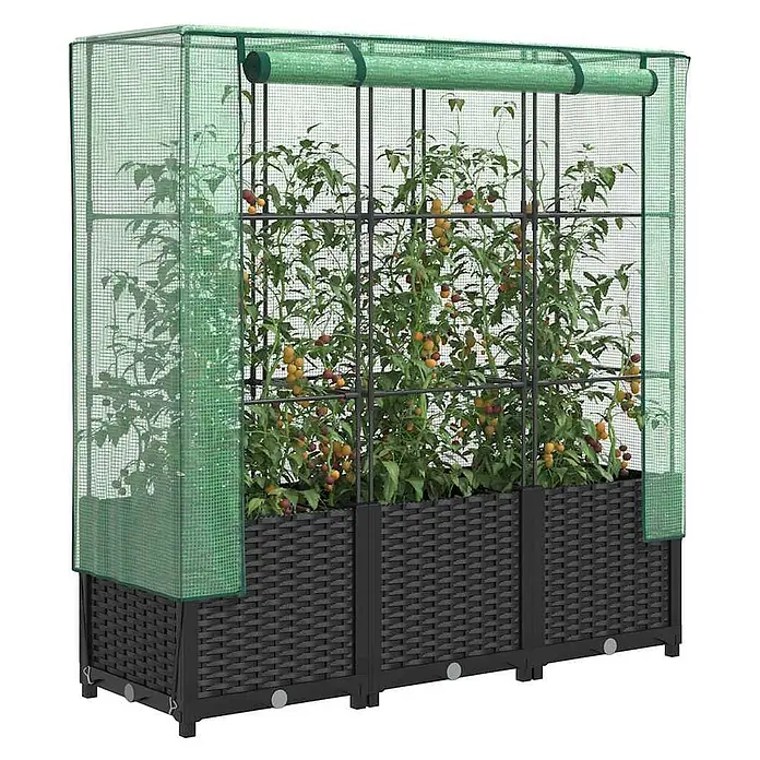 Furnicato Hochbeet Inklusive Gewächshaus-Aufsatz - 120 x 40 x 138 cm, Kunststoff, Schwarz - Schwarzes Hochbeet im Rattan-Stil mit grünem Gitter-Gewächshausüberzug, das wachsende Tomatenpflanzen enthält.