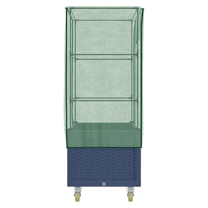 Furnicato Hochbeet Inklusive Gewächshaus-Aufsatz - 80 x 50 x 182 cm, Kunststoff, Blaugrau - Mobiles Hochbeet mit blauem Untergestell und grüner Gitter-Gewächshausabdeckung mit Innenregalen.