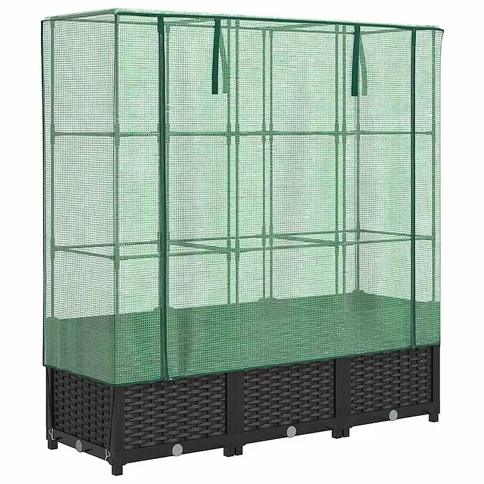 Furnicato Hochbeet Inklusive Gewächshaus-Aufsatz - 120 x 40 x 138 cm, Kunststoff, Schwarz - Dunkles Hochbeet in Rattan-Optik mit grünem Netz-Gewächshaus-Aufsatz.