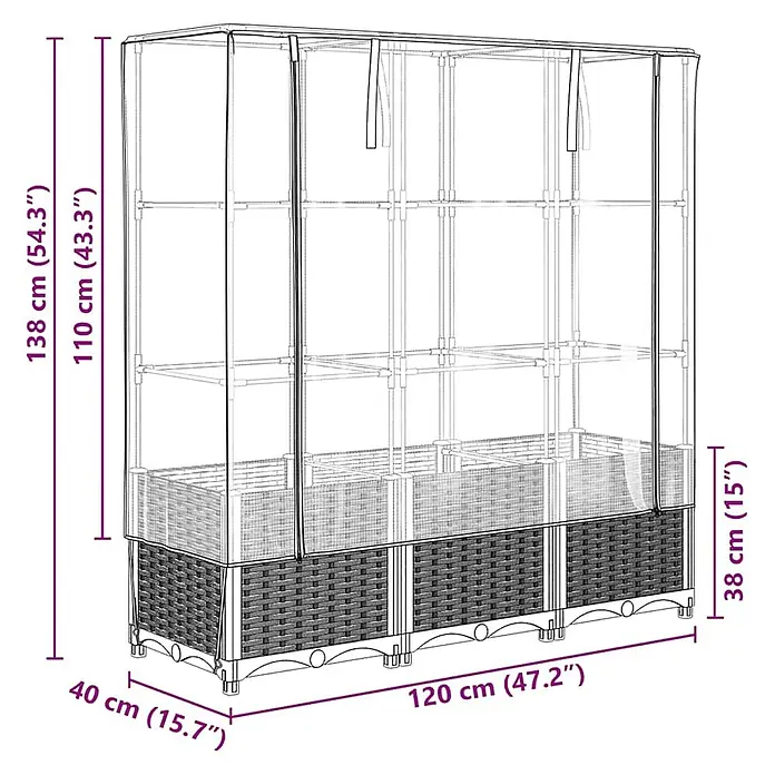 Furnicato Hochbeet Inklusive Gewächshaus-Aufsatz - 120 x 40 x 138 cm, Kunststoff, Schwarz - Dunkles Hochbeet in Rattan-Optik mit transparenter Gewächshausabdeckung und Metallrahmen.