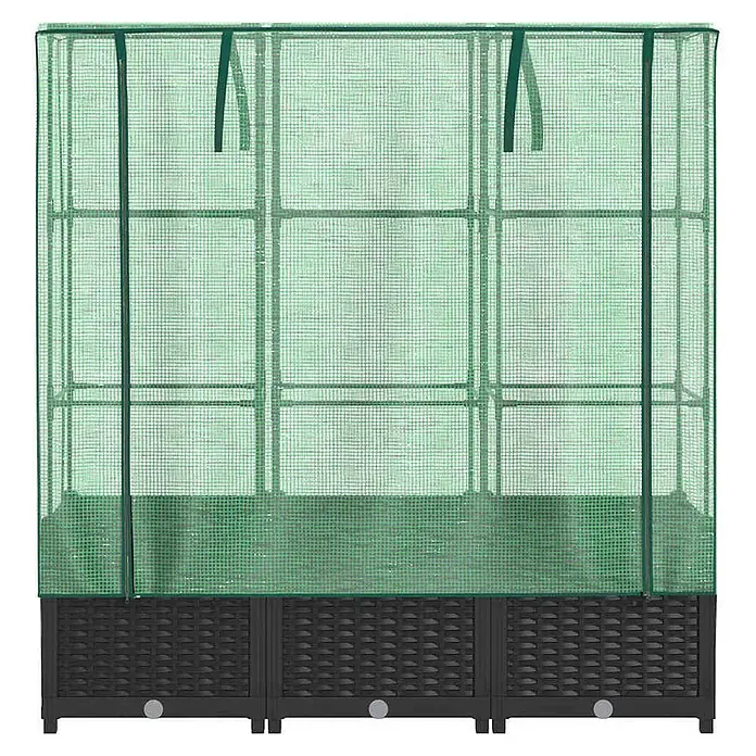 Furnicato Hochbeet Inklusive Gewächshaus-Aufsatz - 120 x 40 x 138 cm, Kunststoff, Schwarz - Grünes Gewächshaus mit dunklem, geflochtenem Sockel, ideal zur Pflanzenzucht.
