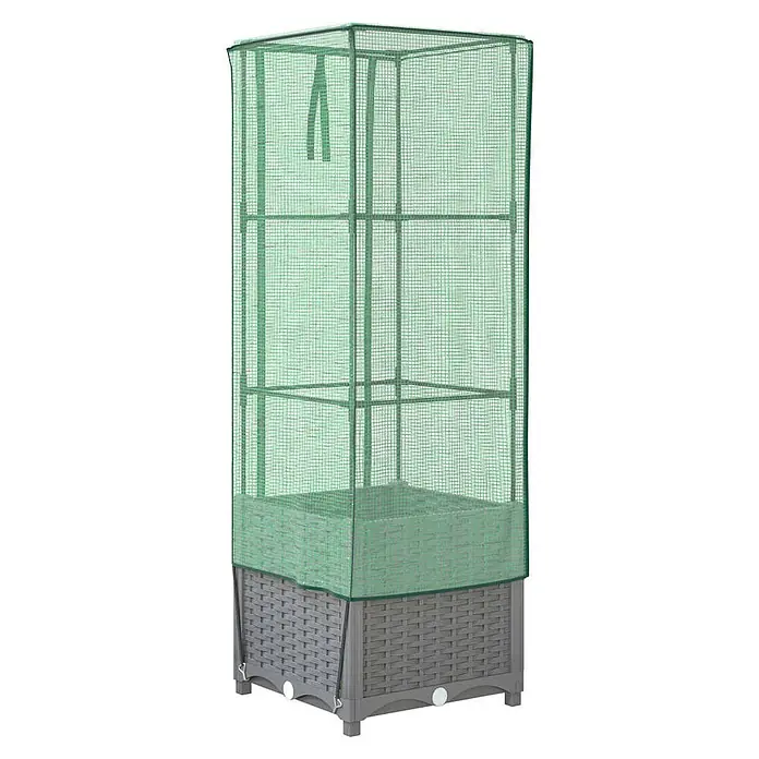 Furnicato Hochbeet Inklusive Gewächshaus-Aufsatz - 40 x 40 x 139 cm, Kunststoff, Hellgrau - Hohe grüne Netz-Gewächshausabdeckung über einem grauen Hochbeet in Rattanoptik mit weißen Ablassstopfen.