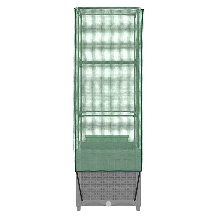 Furnicato Hochbeet Inklusive Gewächshaus-Aufsatz - 40 x 40 x 139 cm, Kunststoff, Hellgrau - Hohes Minigewächshaus mit grünem Netzbezug, Metallrahmen, Regalen und grauem Rattansockel.
